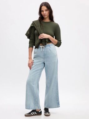 Gap High Rise Wide Leg Easy Denim Jeans Light Wash Drawstring Pant Size Medium